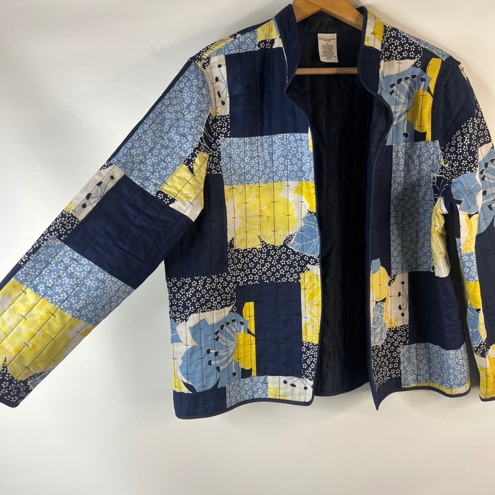 Alfred Dunner Quilted Jacket Women 18P Navy Blue Yellow Patchwork Floral Open - Picture 3 of 7